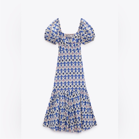 Zara Ikat Maxi Tiered Dress, Ivory Blue Black Pink size Large - Picture 3 of 17